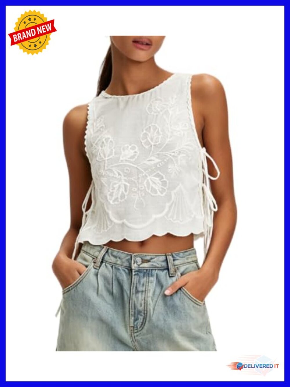 Women Floral Embroidered Crop Tank Top